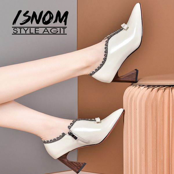

isnom spike heels wood pumps sweet bowtie shoes pointed toe pantent leather cow shoes elegant women 2020, Black