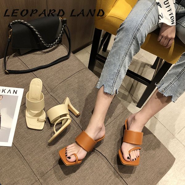 

leopard land 2020 summer fine-heeled square-head hollow sandals fashion casual outer wear high-heeled women sandals cwf, Black