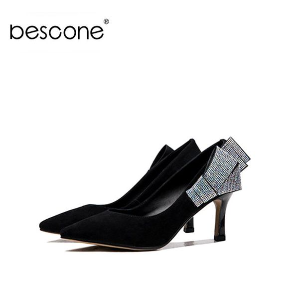 

bescone kid suede pumps women sequin decoration classics mature hign heel poingted toe shoes mature office career pumps bm463, Black