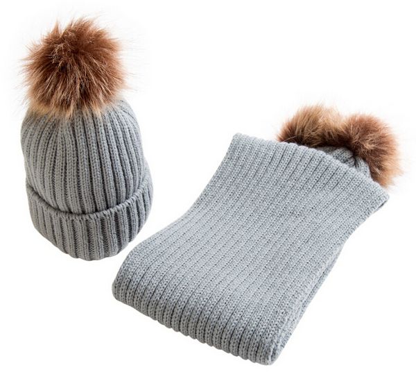 

winter warm baby kids boy girls knitted hat scarf hairball cap accessories beige pink white
