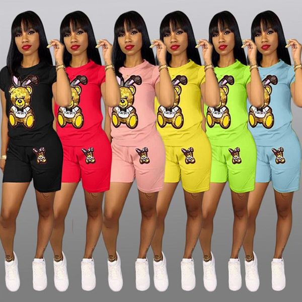 

sequins cartoon shorts tracksuit women outfits short sleeve t-shirt + shorts two piece set bear print t shirt sportswear suit clothes, White
