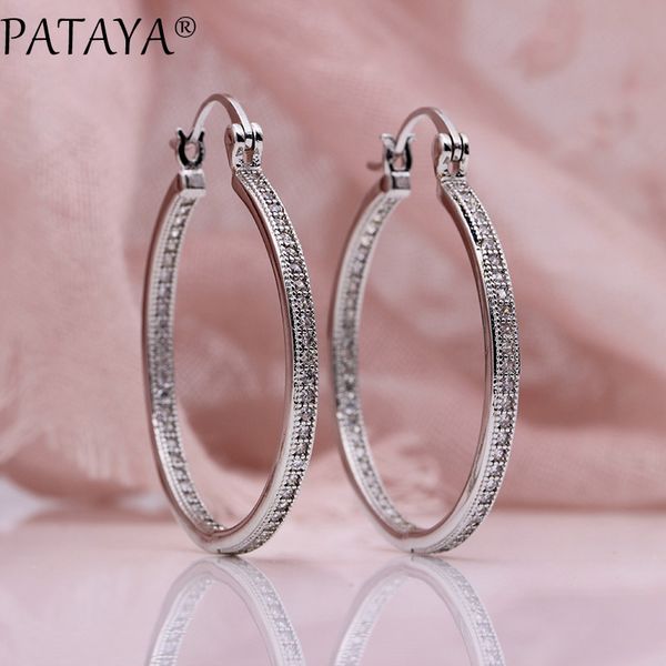 

pataya new micro wax inlay luxury big circle long hollow earrings women wedding noble white gold natural zircon fashion jewelry, Silver