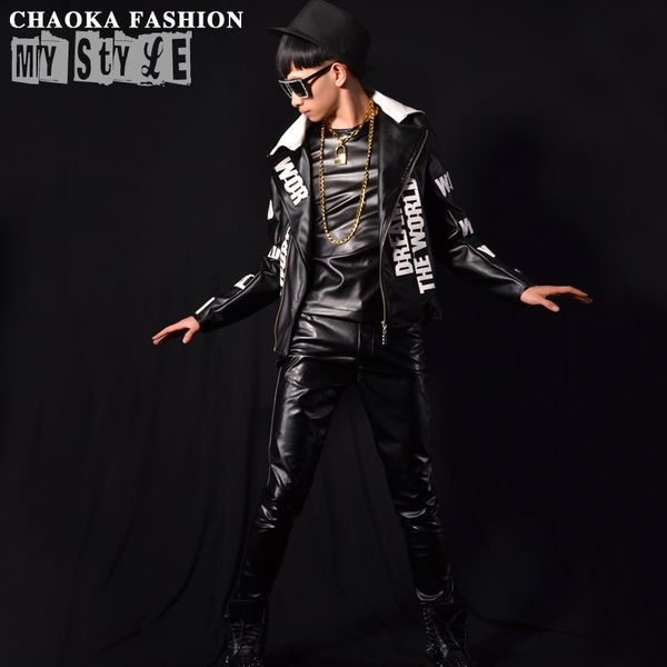 

new fashion men's black motorcycle letter leather jacket european and american stage singer dj costume leather jacekts