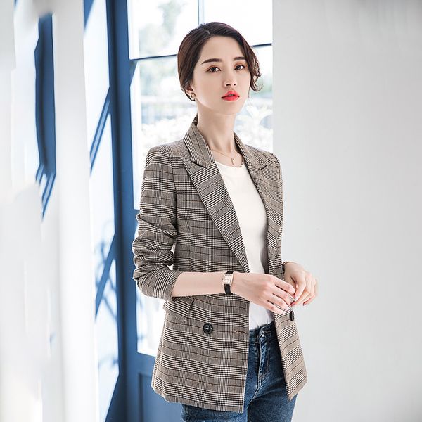 

women's single coat 2019 autumn new seven-point sleeve casual fashion temperament lattice loose double-breasted suit blouse, White;black