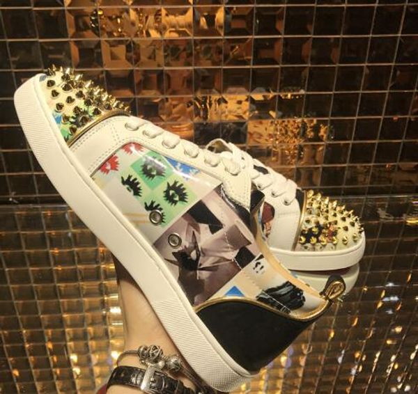 

luxurious junior spikes designer low red bottom sneaker casual shoe man woman outdoor leather lace up party portrait punk rock size35-46, Black