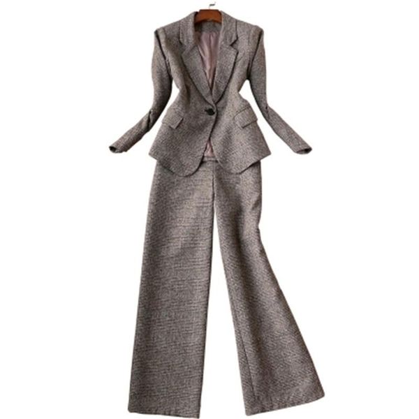 

autumn and winter new korean version of the ladies long-sleeved woolen plaid suit + wide-leg pants suit two-piece suits women, White;black