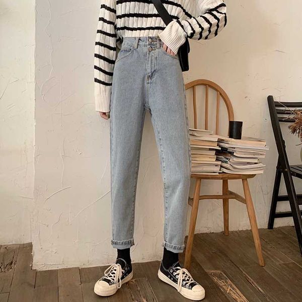 

women's jeans yamdi vintage pant button denim pants women high waist woman pantalon slim solid pocket 2021 spring summer, Blue