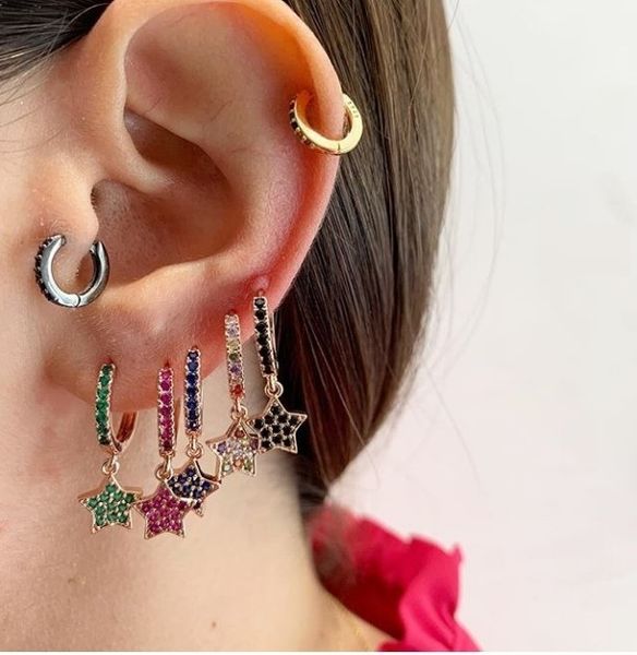 

lovely cz star charm hoop earring red blue green white cubic zirconia paved star classic christmas gift jewelry, Golden