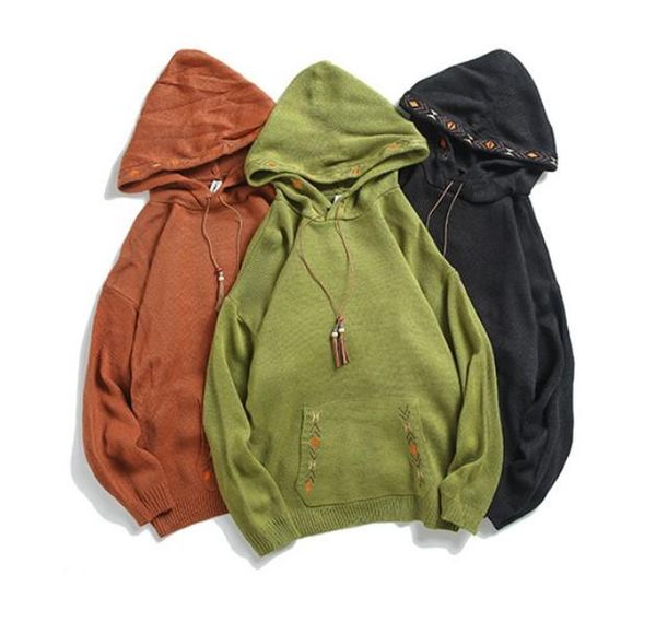 

hooded sweatshirt men's vintage wool clothes outfit fashion printing hooded pocket sweatshirt men's solid color casual, Black