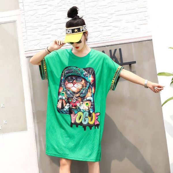 

summer women's t-shirt 2019 collage cartoon pattern beaded long tide brand large size short sleeve t-shirt women, White