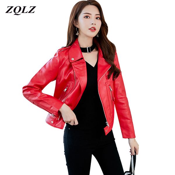 

zqlz spring autumn red motorcycle jacket women turn-down collar zipper pocket ladies leather jackets slim short coat, Black