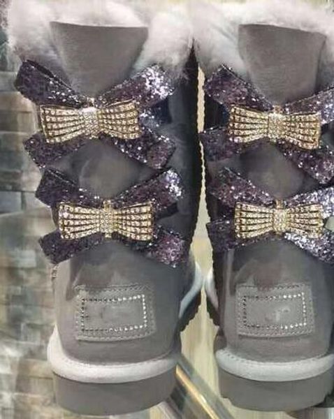 

2018 new australian snow boots middle tube fashion warm women's cotton shoes bowknot drill snowshoe size 021, Black