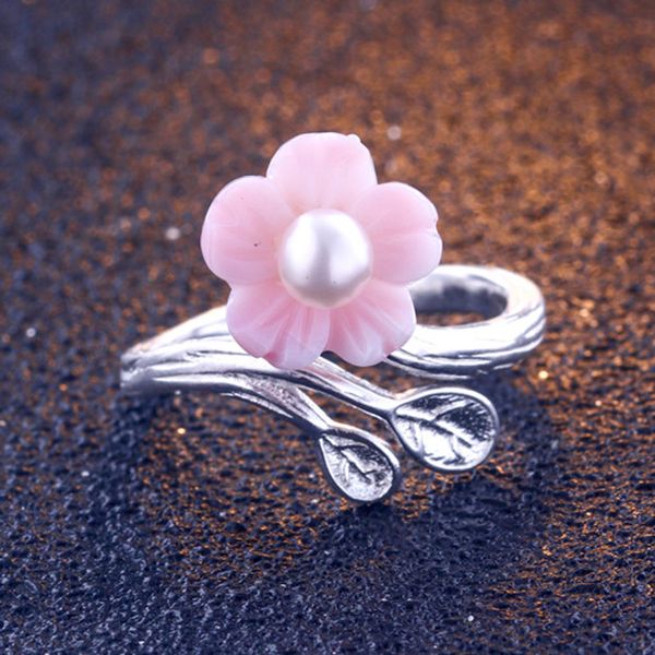 

pink cherry blossom ring s925 silver pearl natural shell цветок филиал кольцо для женщин элегантных дам помолвки ювелирных изделий, Slivery;golden