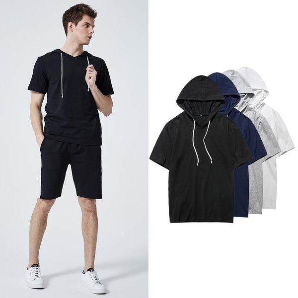 

summer hooded t shirt men high street loose round neck tee solid breathable man t-shirt, White;black