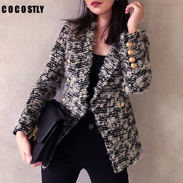 

women woolen plaid blazers female tweed jacket autumn winter double-breasted ladies thick woolen coat women blazers veste femme, White;black