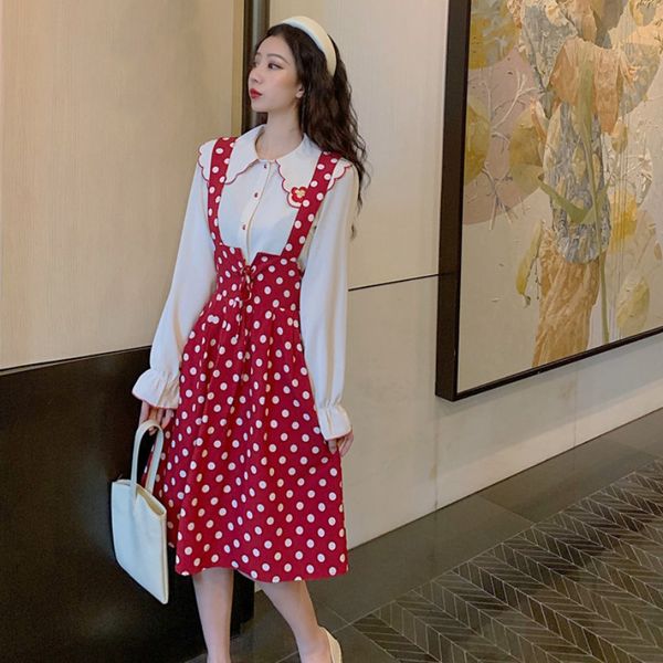 

french-style sweet doll collar all-match long-sleeved shirt high waist strap slim polka dot suspender skirt two-piece suit for women, White