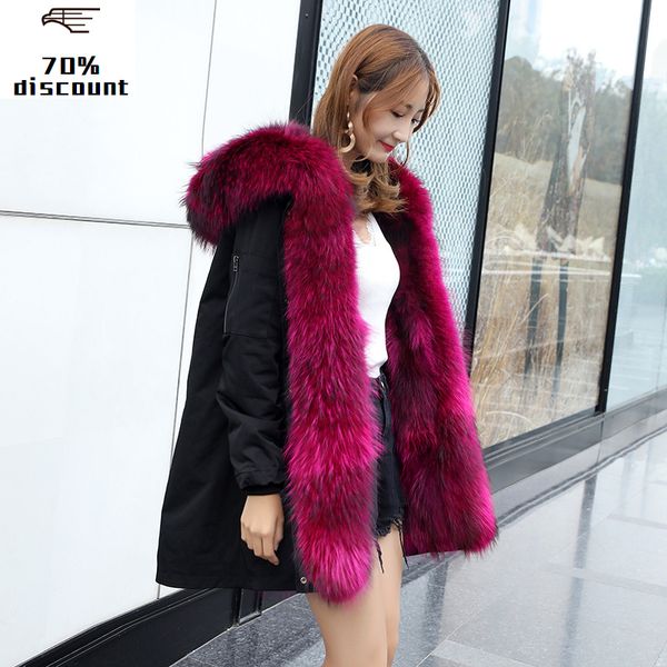 

настоящая енотовая шуба женская куртка зимняя куртка женская натуральная теплая меховая куртка для женщин корейская длинная my4353, Black