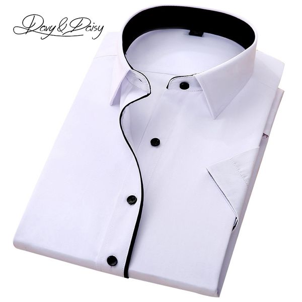 

davydaisy social shirt men business slim fit short sleeve solid twill dress shirts men summer camisa ds-155, White;black