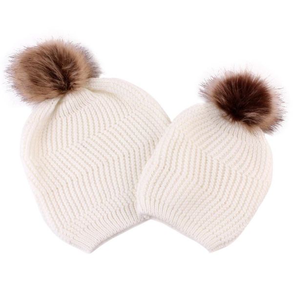 

mom/baby parent-child soft elastic vertical strip hat beanie cap cozy winter warm fur ball knitted