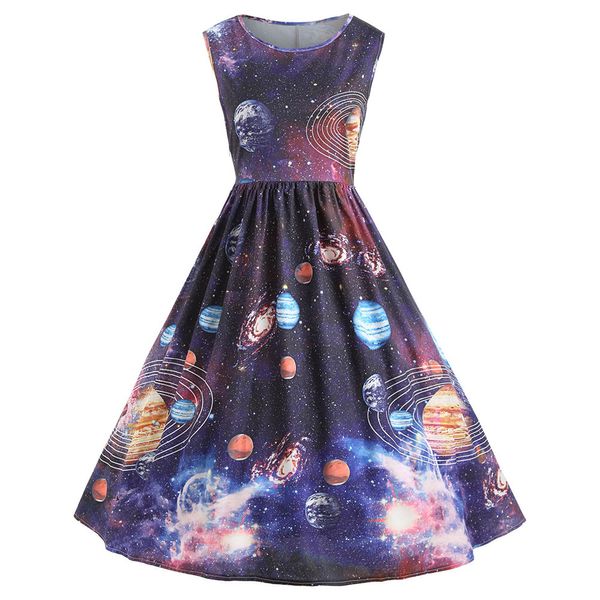

women vintage printing starry sky planet space dress fit and flare dress print dames jurken zomer fashion vestido *30, Black;gray