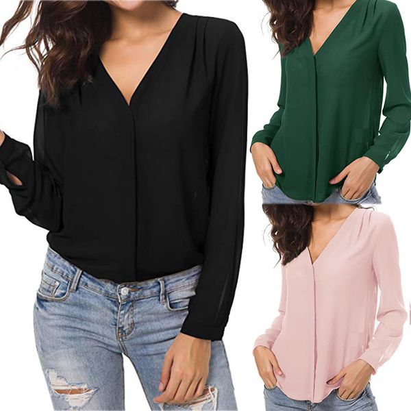 

2019 spring summer fashion women's blouse v neck elegant chiffon shirts casual long sleeve ladies' camisa feminina clothing, White