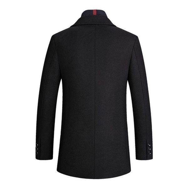 

winter office men work slim fit woolen blends long coat thick cotton padded warm wool overcoat business man scarf collar coat, Black