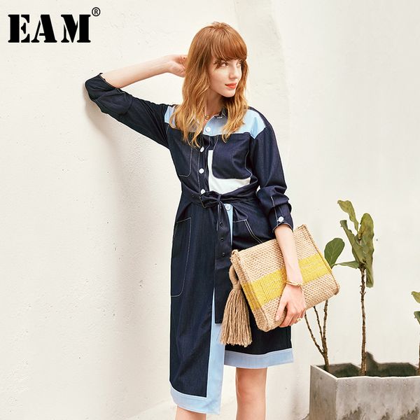 

eam] women patchwork hit color temperament dress new lapel neck long sleeve loose fit fashion tide spring summer 2020 1x461, Black;gray