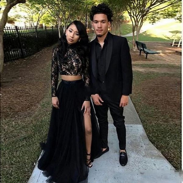 2019 Couple Moda duas partes preto Prom Dresses com Lace manga comprida A-Line Tulle Side Evening Partido Dividir Vestidos galajurken