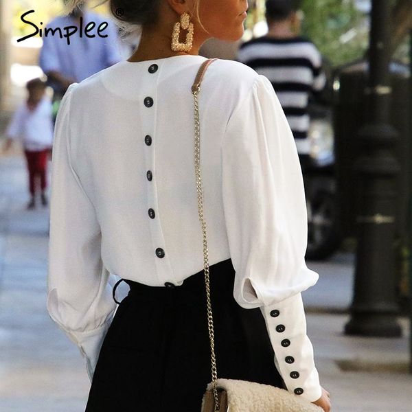 

simplee puff sleeve women blouse shirt button white v neck spring 2019 elegant office lady streetwear blusas women shirts