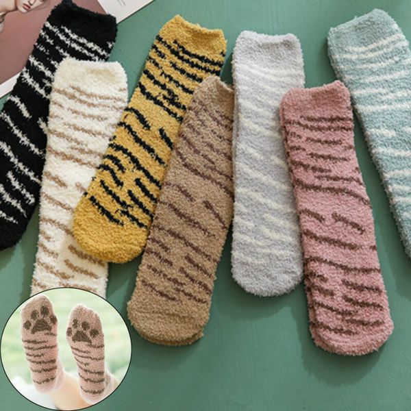 

1 Pair Winter Coral Fleece Socks Japanese Style Half Fleece Cute Thick Warm Sleeping Floor Female Lovely Cat Claws Plush Socks