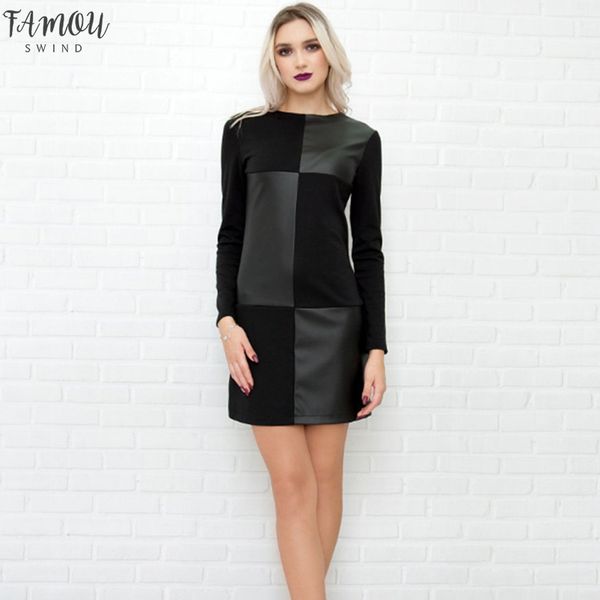 

женщины vintage leather лоскутное платье партии с длинным рукавом o шеи твердая оболочка элегантные повседневные платья 2020 зима новая мода, Black;gray