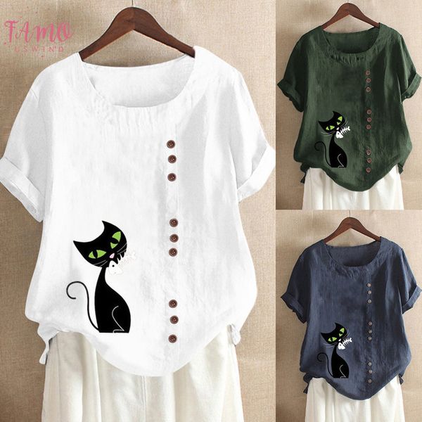

polyester women large size linen blouse 2020 casual plus size print cat long sleeve button tunic shirt blusas mujer de moda 2020, White