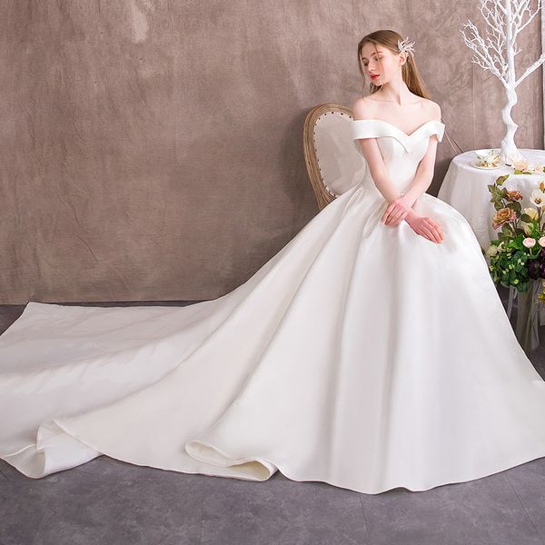 

2020 new arrival off-shoulder white ball gown wedding dresses with court train satin wedding gowns zipper up back vestidos de novia 2020