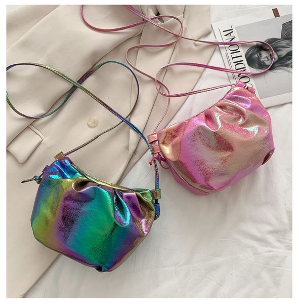 

pu leather ladies laser mini shoulder bag fashion colorful women pleated clouds crossbody bags female small evening clutch purse