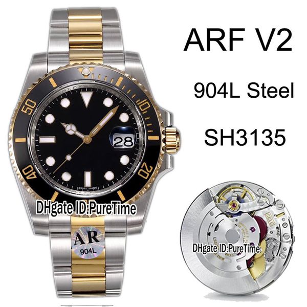 

new arf v2 904l steel cal sh3135 eta a2824 automatic mens watch two tone 18k yellow gold black ceramic bezel dial edition puretime c03, Slivery;brown