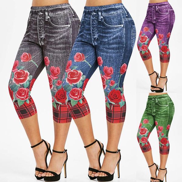 

trousers floral printed mid culf leggings fashion imitate jeans pants ultra stretchy high waist yoga pants, Black