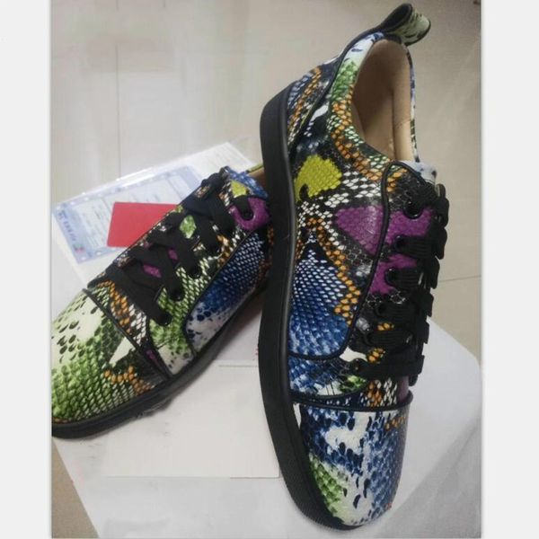 

low red shoes mixed color snakeskin pattern sneakers men casual men shoes low round toe flats, Black