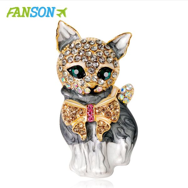 

fanson lively pride cat brooch for party shell metal crown crystal enamel pin black animal brooch for women jewelry accessories, Gray