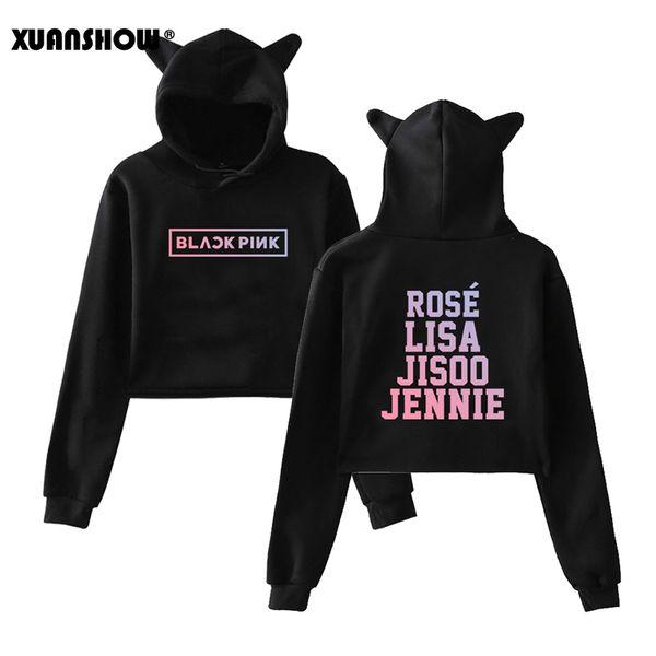 

xuanshow 2019 новая мода с длинным рукавом crop top cute толстовки женщины blackpink kpop одежда harajuku короткие толстовка толстовка molet, Black
