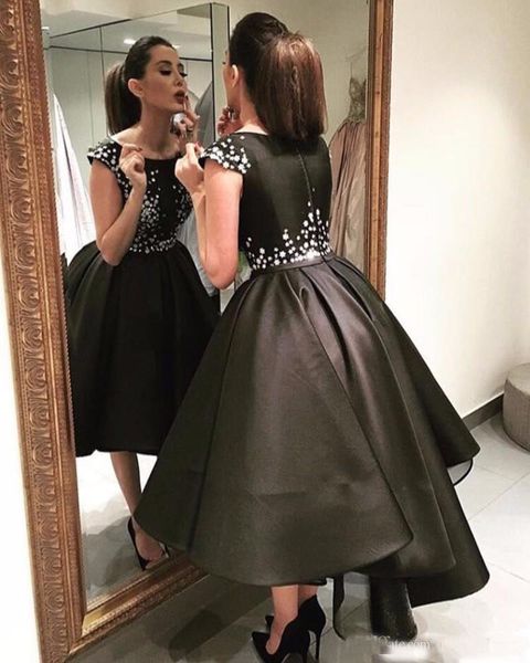 

New Scoop Short Cocktail Dresses Black Cap Sleeve High Low Formal Prom Gowns Sparkly Custom Size Handmade Black Club Wear