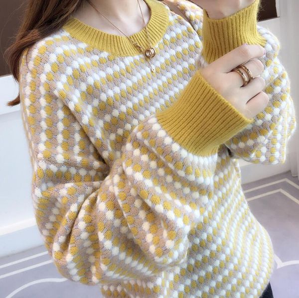 

women's casual crew neck color block loose pullover sweater korean new long sleeve knitted jumper winter fall knit k9001, White;black