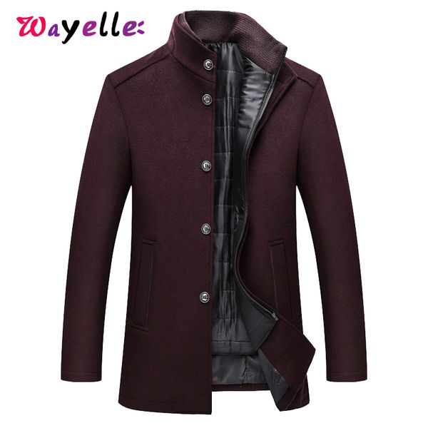 

2019 new high-quality men's winter warm long woolen blends coats jackets fashion slim fit solid casual single breasted outerwear, Black