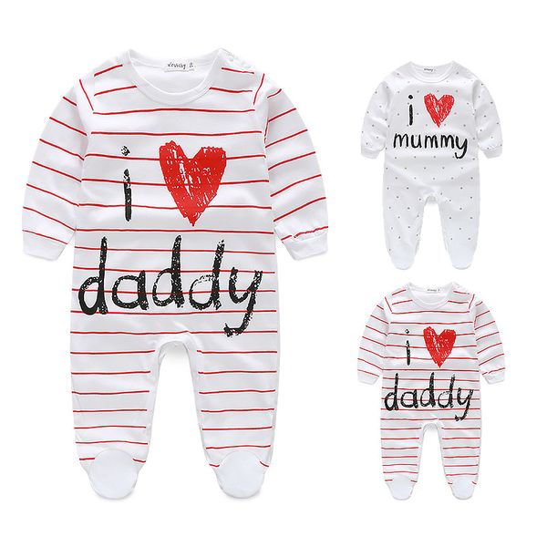 

newborn baby boy girl pure cotton long sleeve romper i love mommy daddy footed jumpsuit, Blue