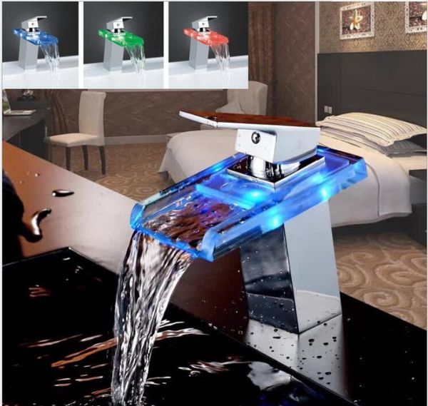 2020 Led Light Square Glass Waterfall Bathroom Basin Faucet Chrome