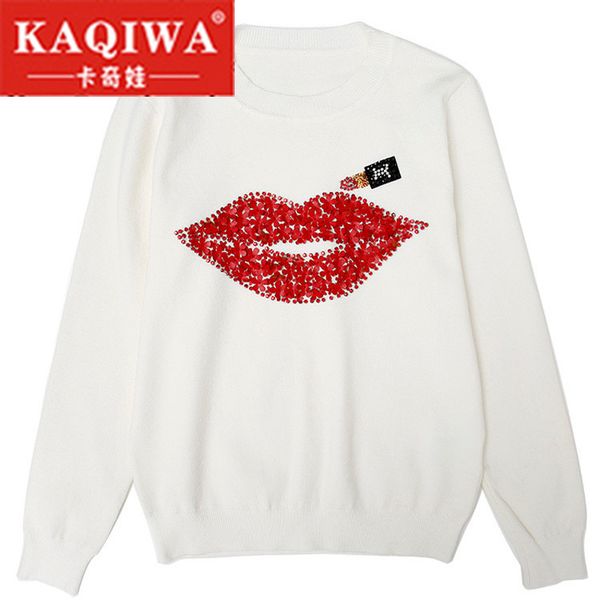 

harajuku 2018 women sweater autumn winter 2018 brand designer hand made diamonds red lips sequined female lipstick knit, White;black