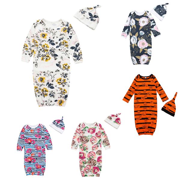 

newborn baby sleeping bag halloween theme 5 color long sleeve striped little floral pajamas baby anti-kick warm sleeping bag hat set 06