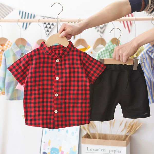 

boy round neck suit summer children's clothing children's short-sleeved black red lattice + shorts boy outfit clothes 2020, White