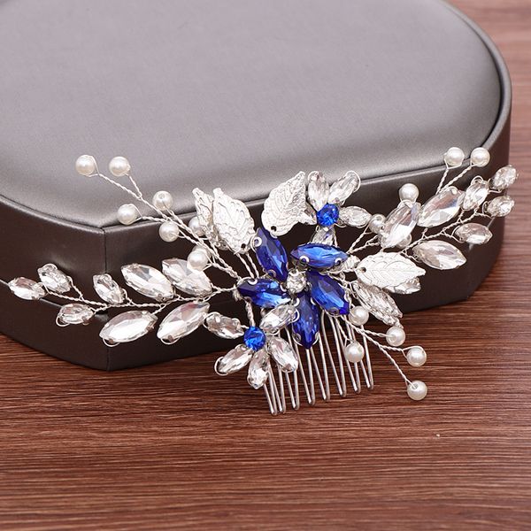 

blue crystal hair comb bride tiara wedding hair accessories handmade leaf pearl women hairpins bridal jewelry headpiece, Golden;white