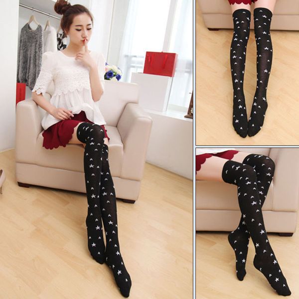 

1 pair women's dot stockings over knee long stripe printed thigh high star stockings fashion black gray cute new, Black;white