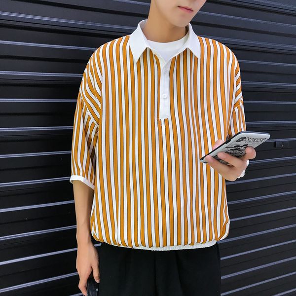 

summer new dress shirt men fashion striped casual shirt man streetwear trend wild hip hop loose short-sleeved -2xl, White;black